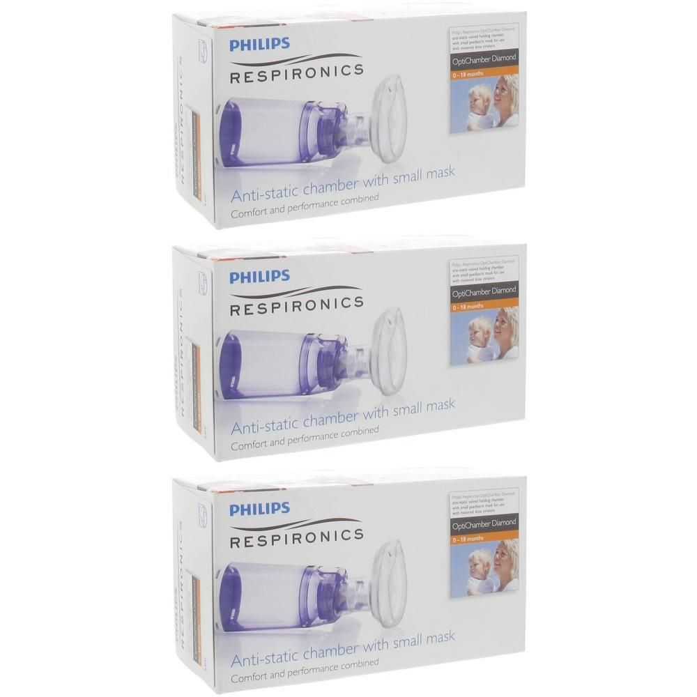 Drie Philips Respironics OptiChamber Diamond inhalatiekamers met babymasker, elk in de originele verpakking.