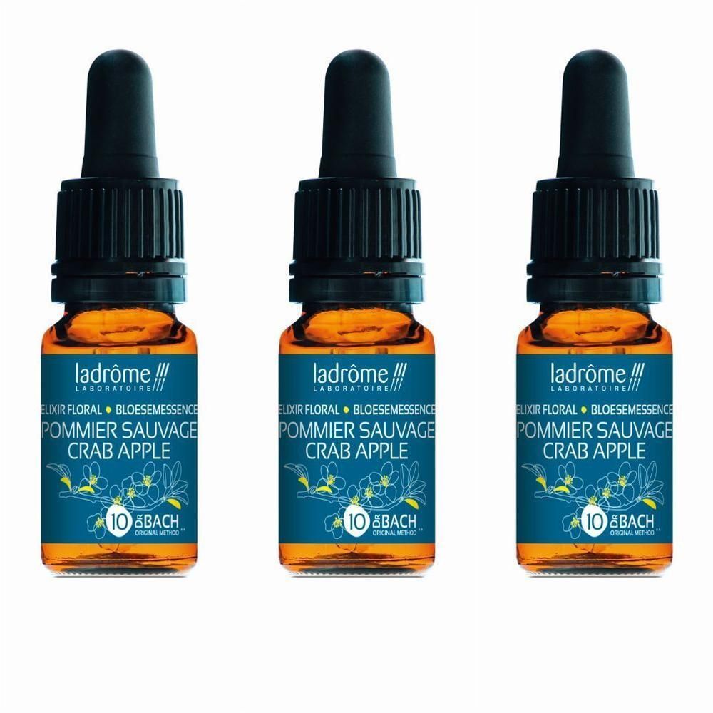Drie flesjes met druppelaar, Ladrôme Laboratoires, Pommier Sauvage N°10.