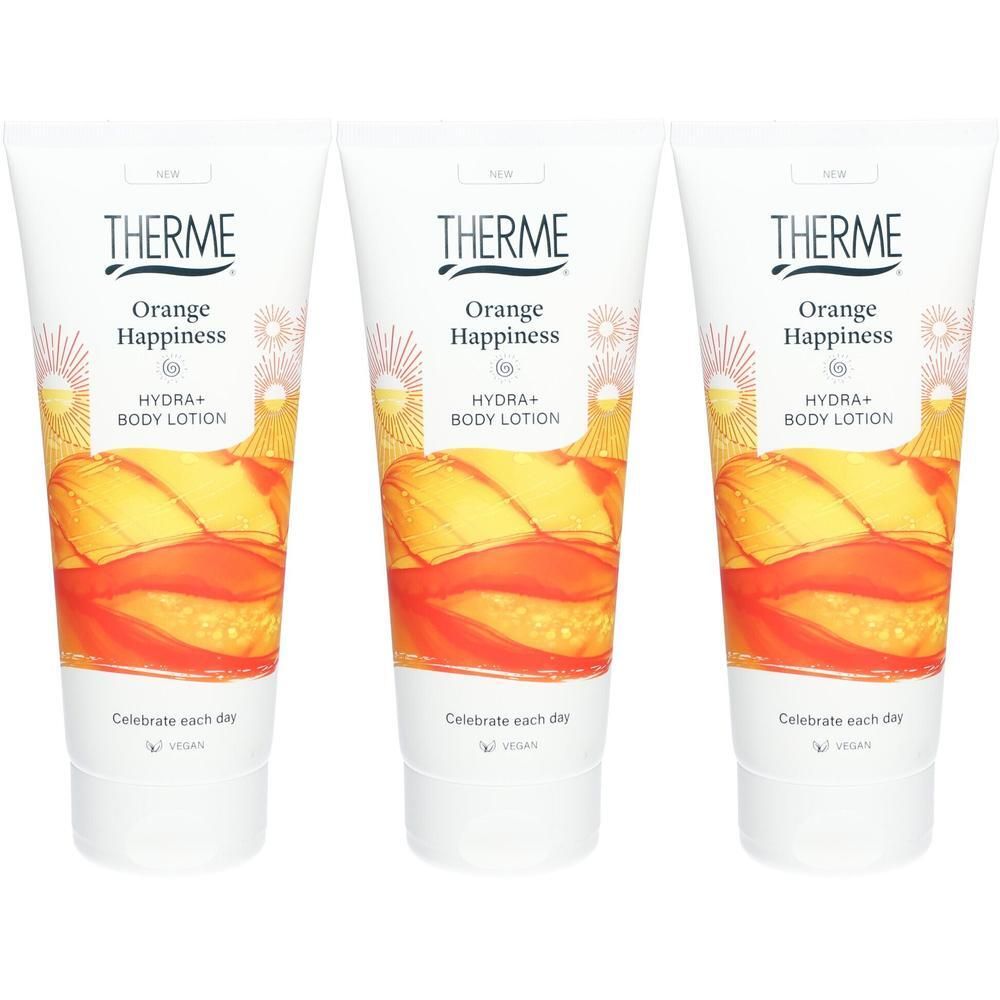 Drie tubes Therme Orange Happiness Hydra+ Body Lotion met oranje design.