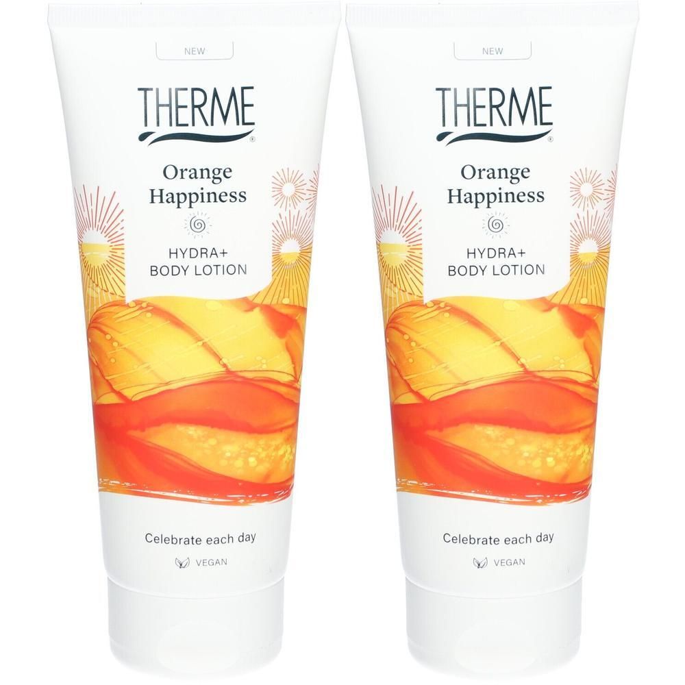 Deux tubes de Lait Corporel Hydra+ Orange Happiness de Therme, avec des éléments de design orange et jaune.