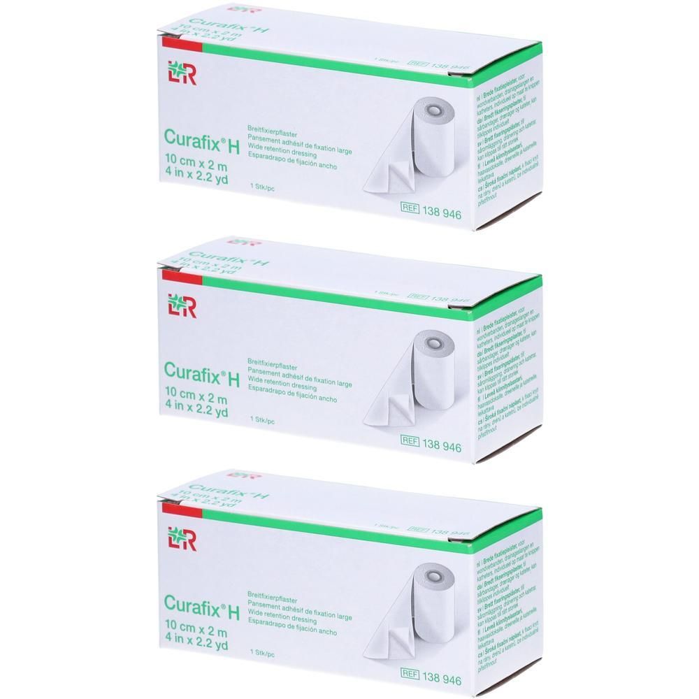 Trois boîtes de Curafix H, 10 cm x 2 m, avec rouleau de ruban adhésif.
