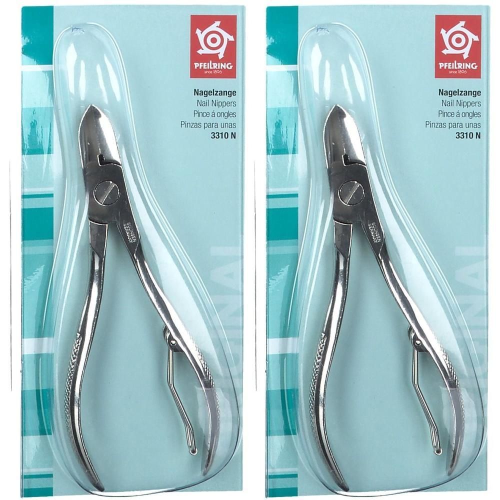 Twee paar metalen nagelknippers in blisterverpakking. Merk Pfeilring.
