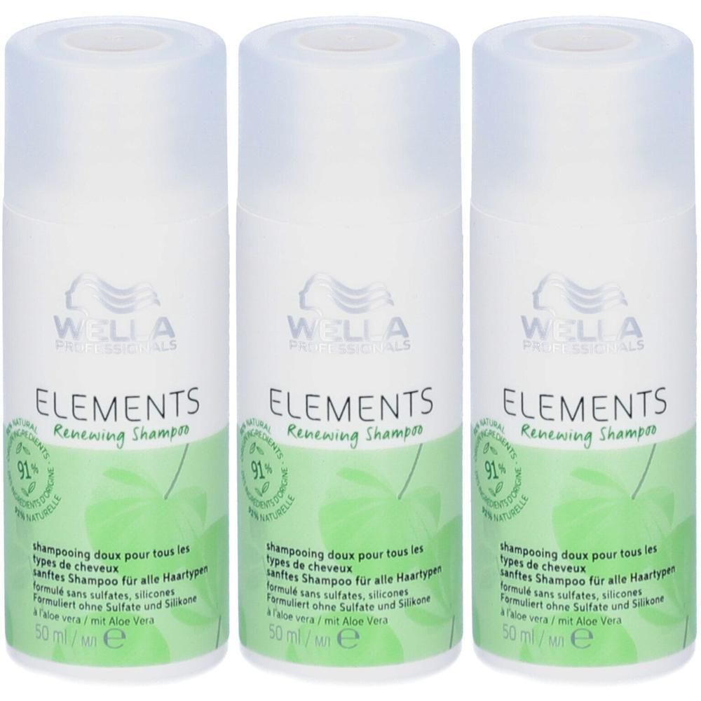 Trois bouteilles de Wella Elements Renewing Shampoo, 50 ml chacune.