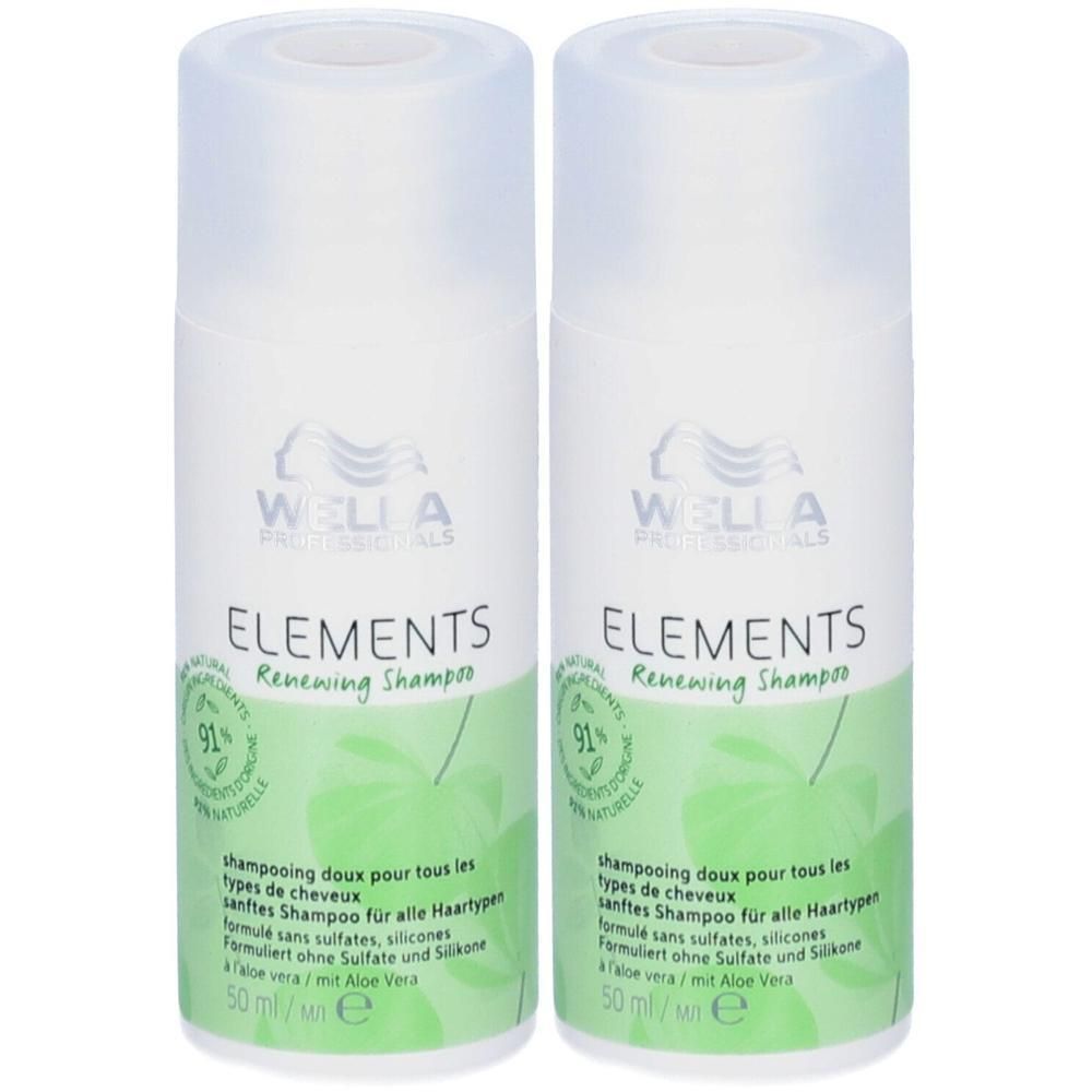 Deux flacons de shampoing Wella Elements Renewing, 50 ml chacun. Formule sans sulfates ni silicones.