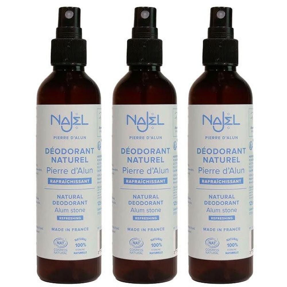 Drie Najel Pierre d'Alun natuurlijke deodorant sprayflessen met etiketten.
