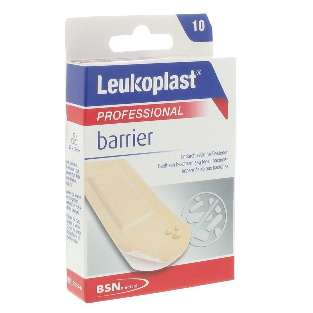 Boîte de 10 pansements Leukoplast Professional Barrier. Montre un pansement individuel.