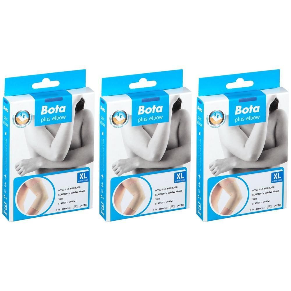 Drie verpakkingen Bota Plus elleboogbandage maat XL. Elke verpakking toont een armbrace en de maat XL.