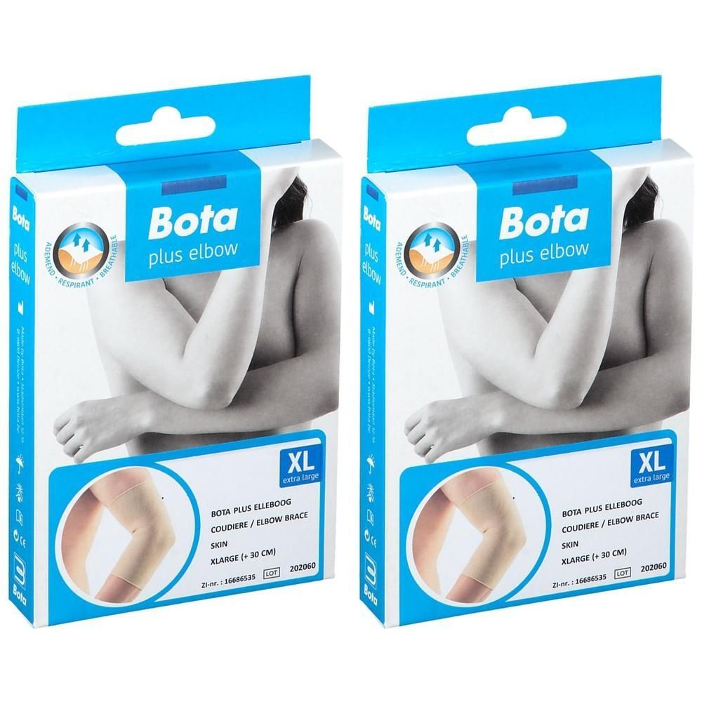 Twee verpakkingen Bota Plus Elleboogbrace XL huidkleurig. Toont een arm- en elleboogweergave.