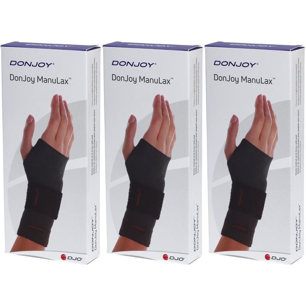 Trois boîtes de supports de poignet DonJoy ManuLax noirs. Chaque boîte montre une main portant le support.