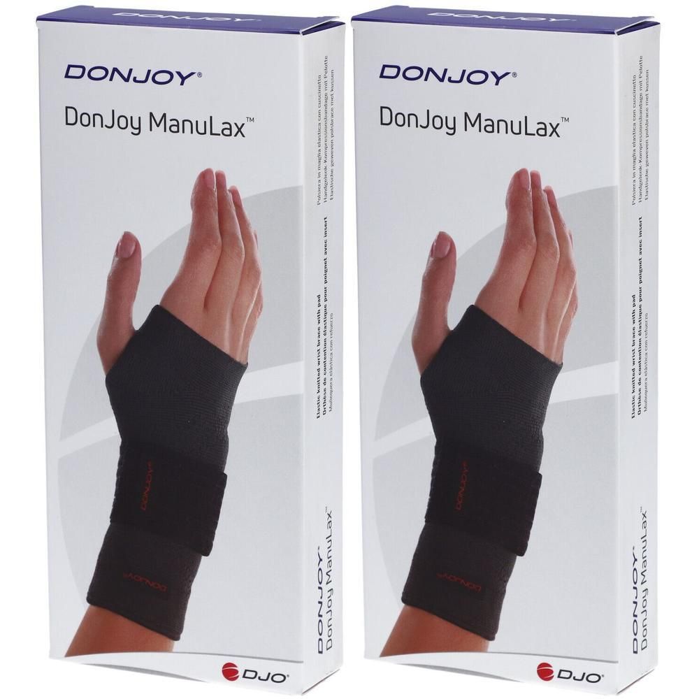 Orthèse de poignet DonJoy ManuLax, noire, avec fermeture velcro.