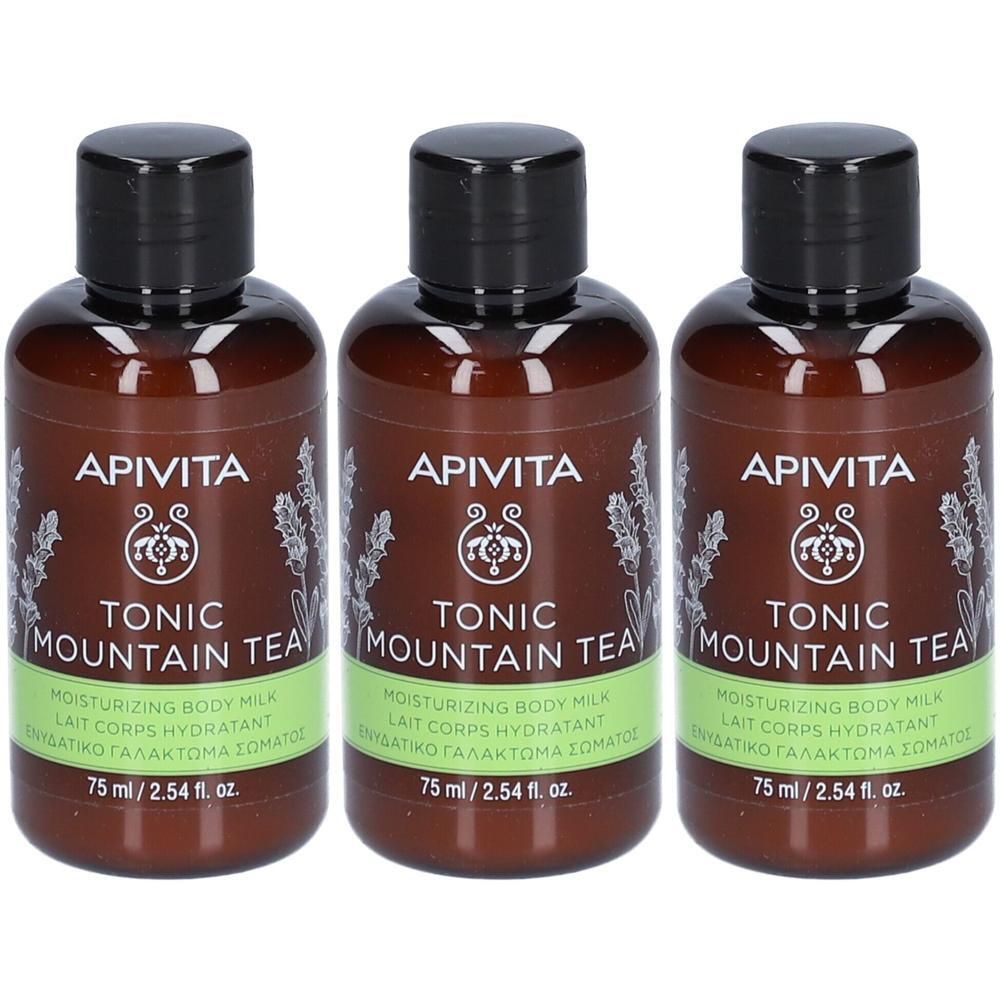 Trois flacons de Lait Corps Hydratant Apivita "Thé des Montagnes".