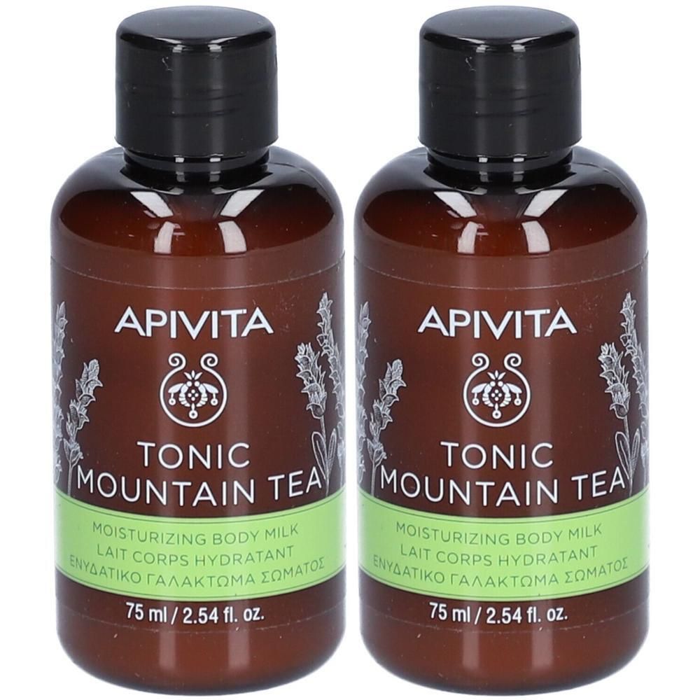 Deux flacons de Lait Corps Hydratant Apivita, "Tonic Mountain Tea", 75 ml.