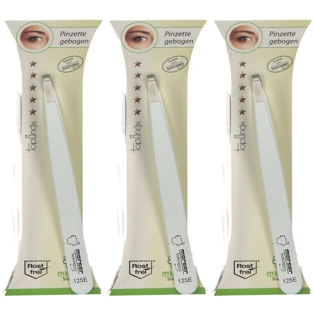 Trois paquets de pinces à épiler blanches courbées en acier inoxydable 'Mörser Topinox'.