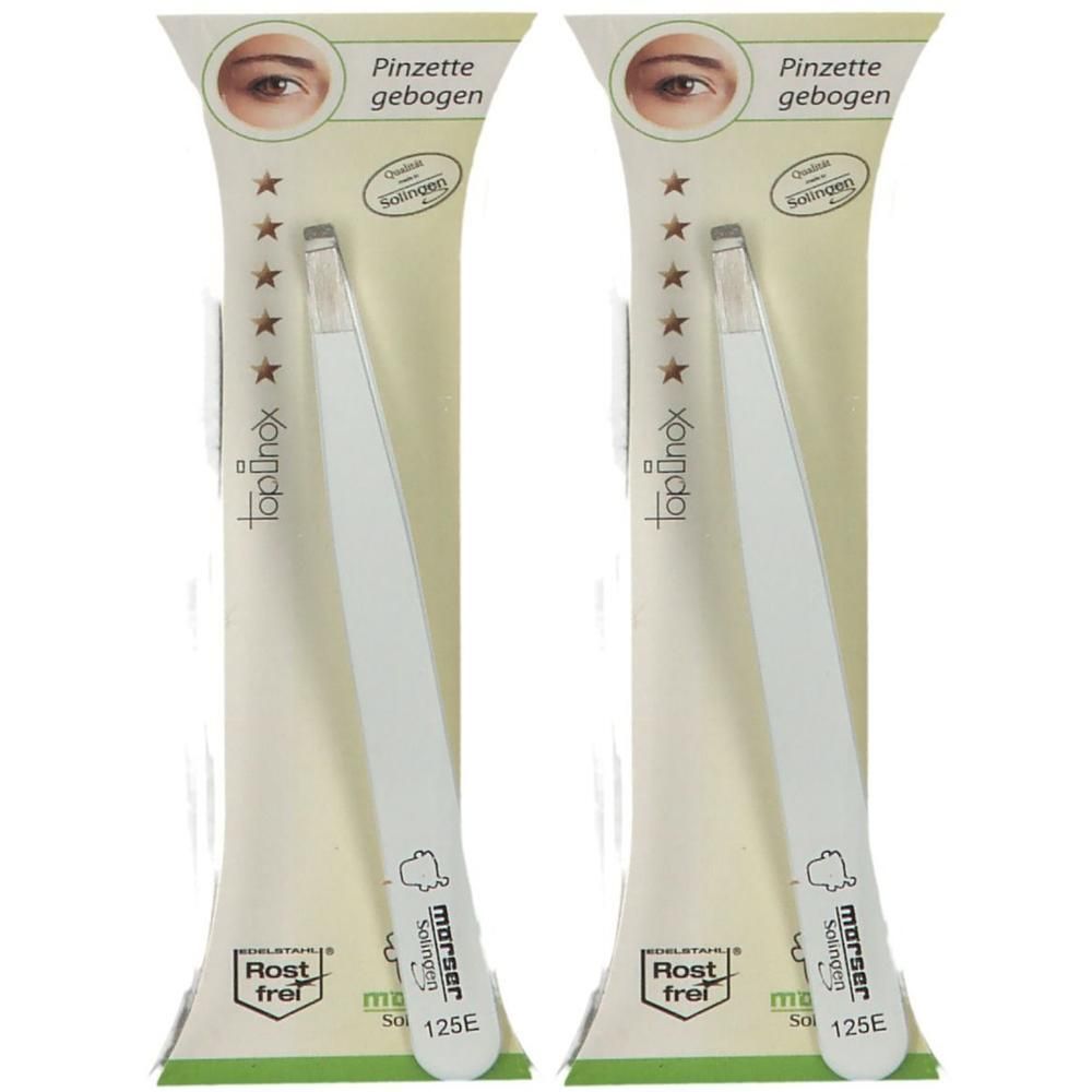 Deux pinces à épiler blanches courbées en acier inoxydable, modèle 125E, antirouille.