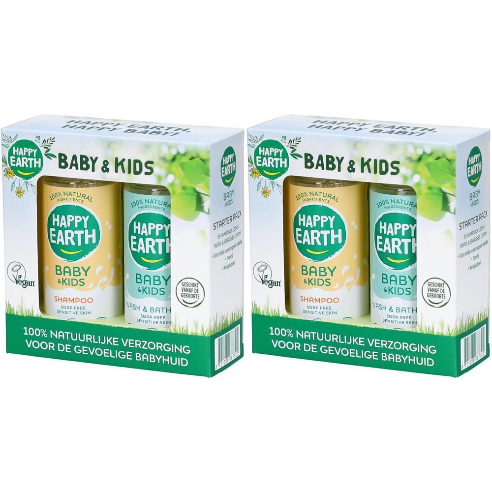 Deux coffrets Happy Earth Baby & Kids contenant chacun une bouteille de shampooing et une bouteille de Wash & Bath.
