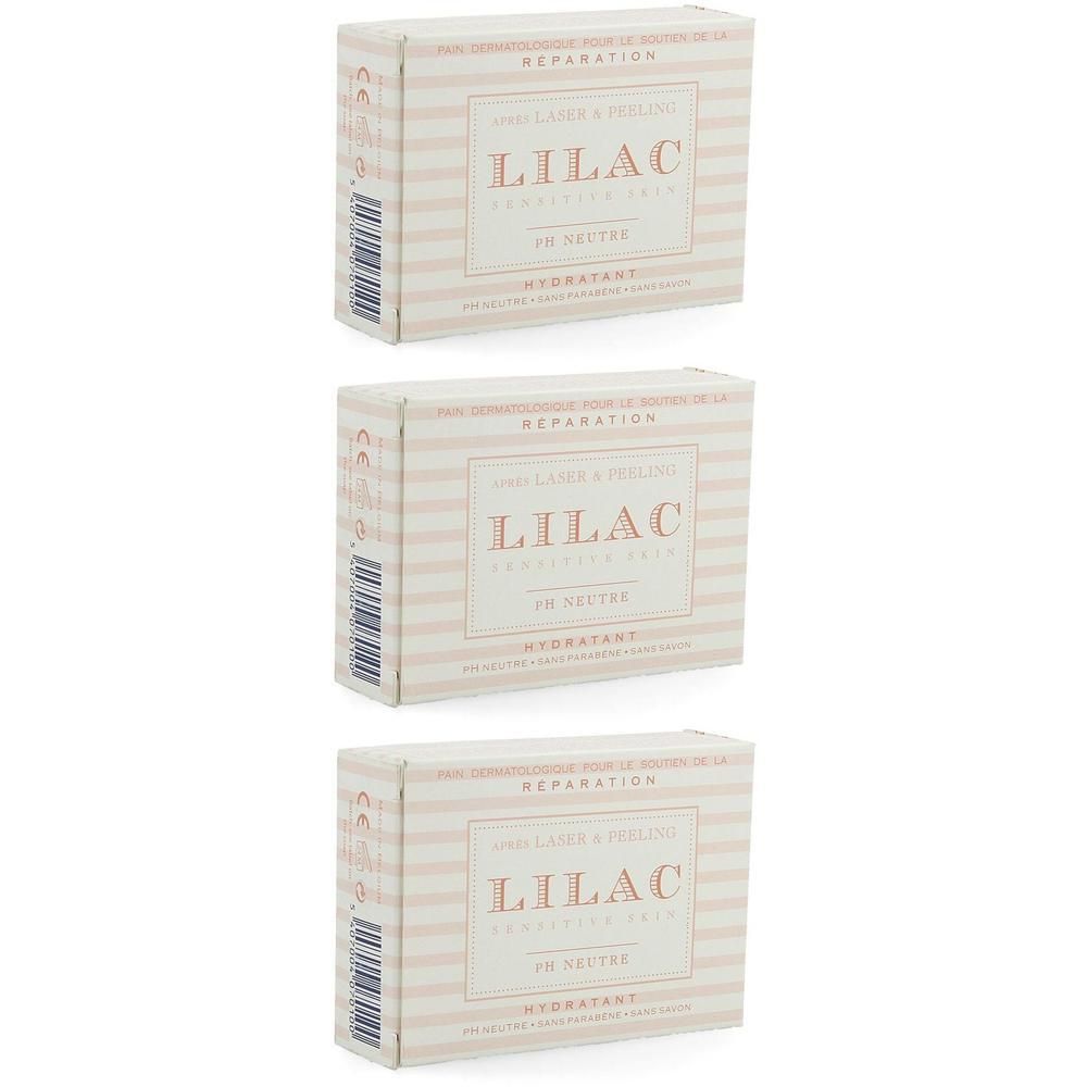 Trois boîtes Lilac Dermatologique à rayures. Texte : LILAC, pH NEUTRE, HYDRATANT.