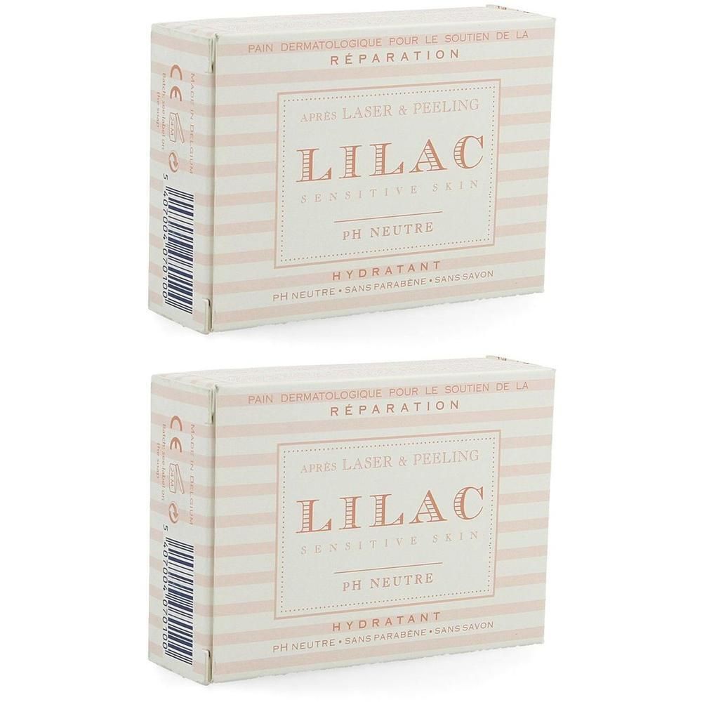 Deux paquets de Pain Dermatologique Lilac pour peaux sensibles, pH neutre, hydratant.