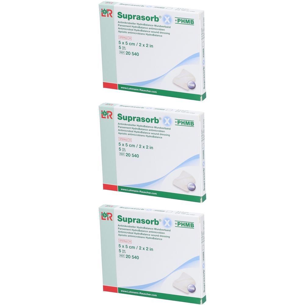 Drie pakken steriele Suprasorb X PHMB wondverbanden, 5x5cm.
