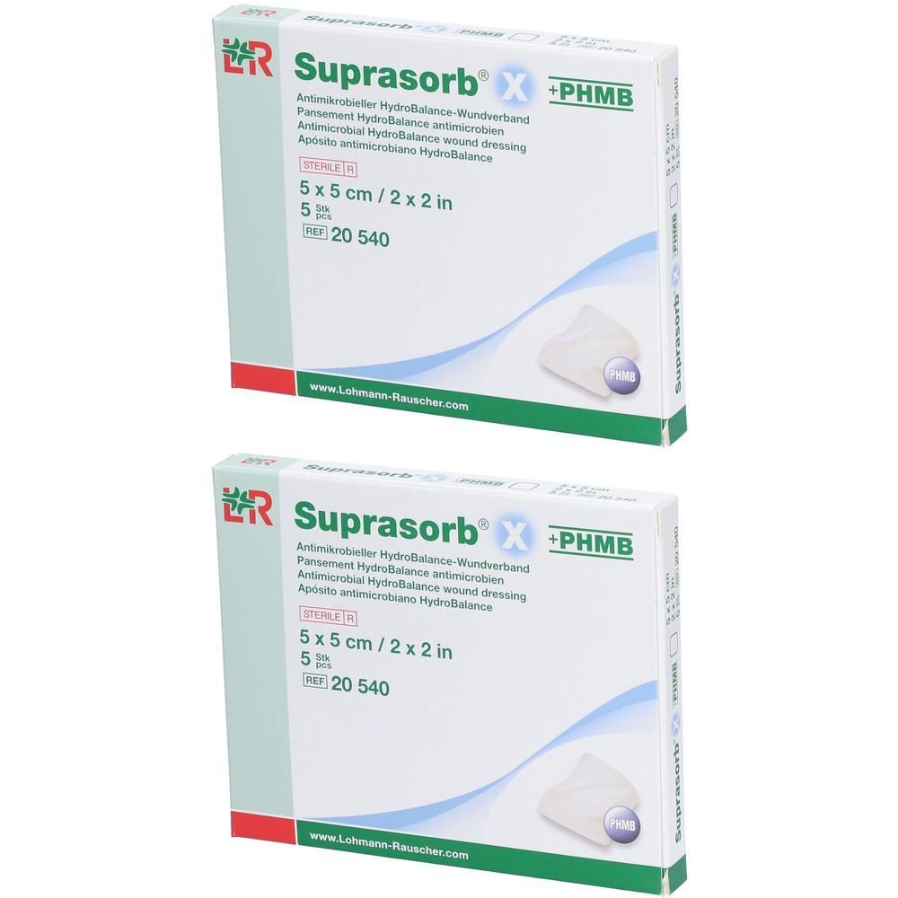 Deux paquets de pansements antimicrobiens Suprasorb X, 5 x 5 cm.