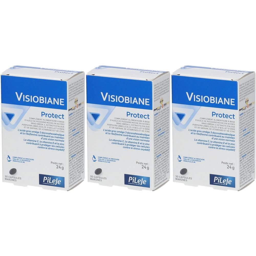 Drie doosjes PiLeJe Visiobiane Protect voedingssupplementen met vitamine C en zink.