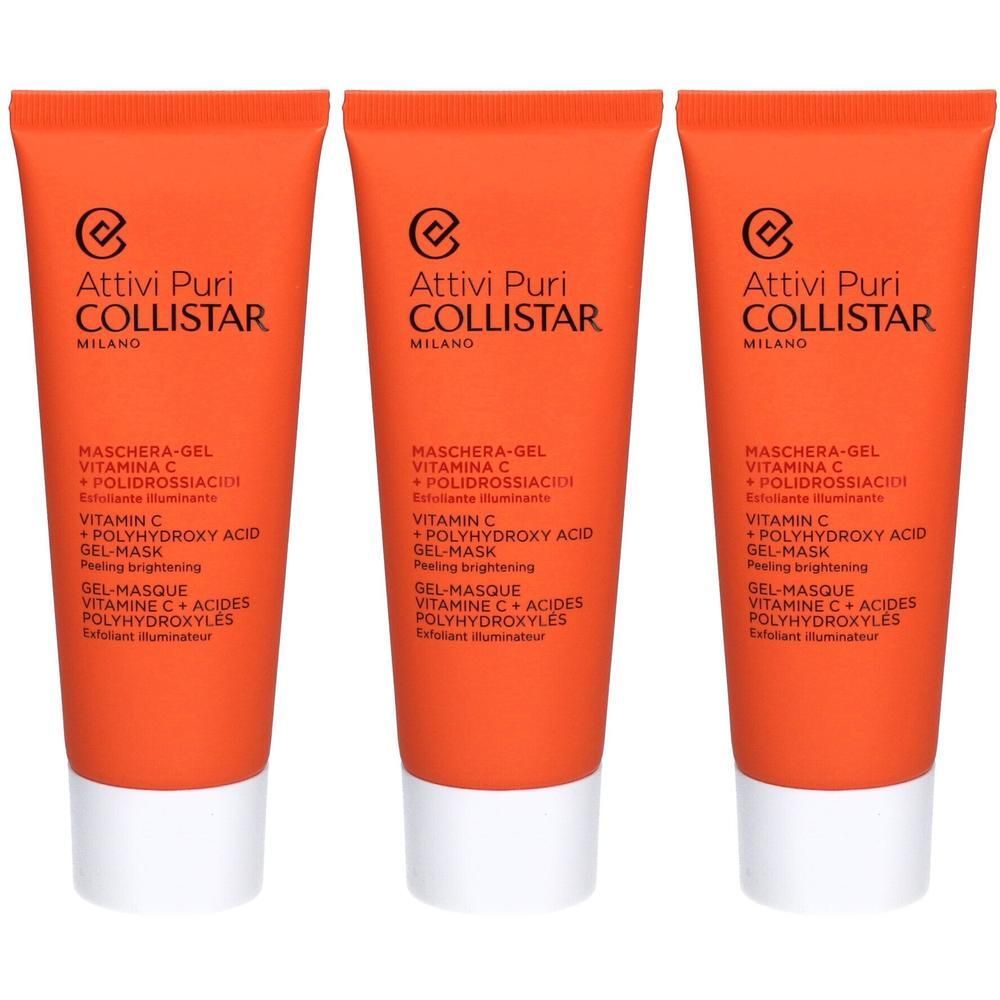 Trois tubes orange de Masque Gel Vitamine C + Acides Polyhydroxylés Collistar. Étiquetage clair.