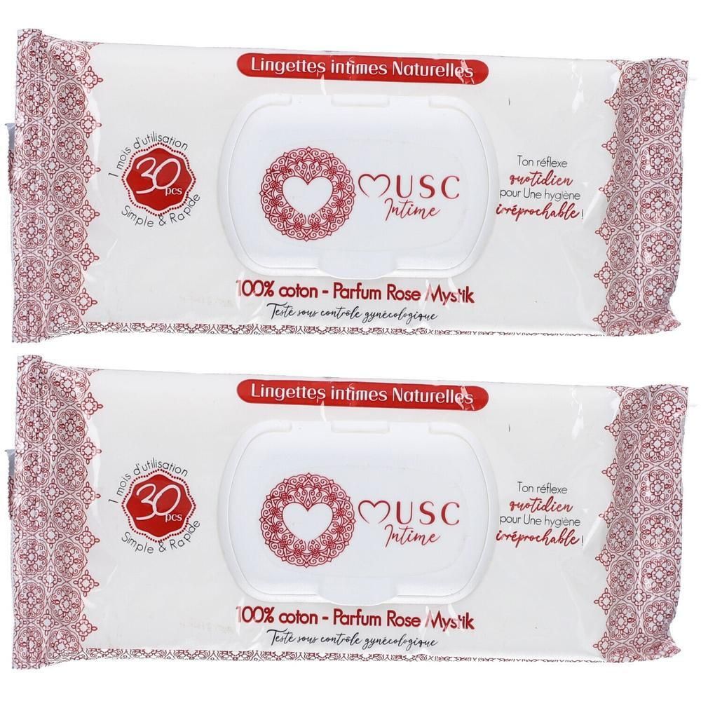 Deux paquets de lingettes intimes 100% coton, parfum Rose Mystique, 30 pièces par paquet.