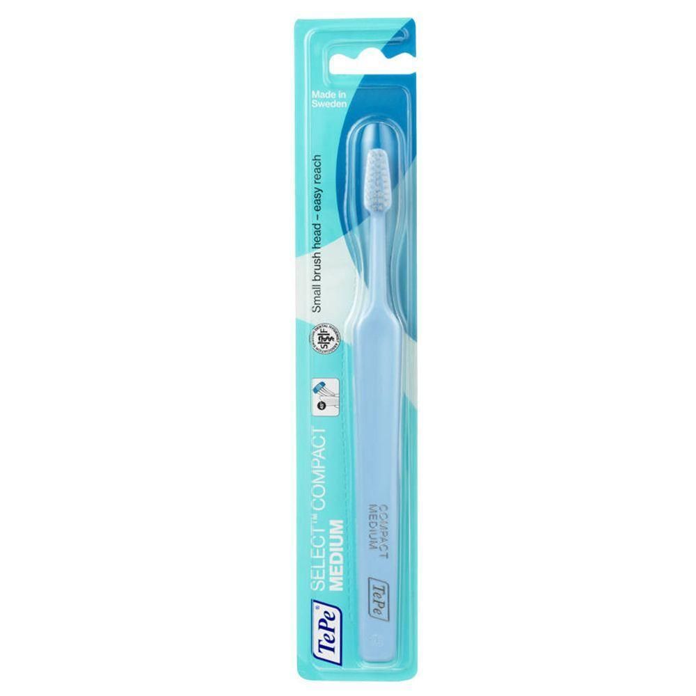 Brosse à dents TePe Select Compact Medium bleu clair, petite tête, fabriquée en Suède.