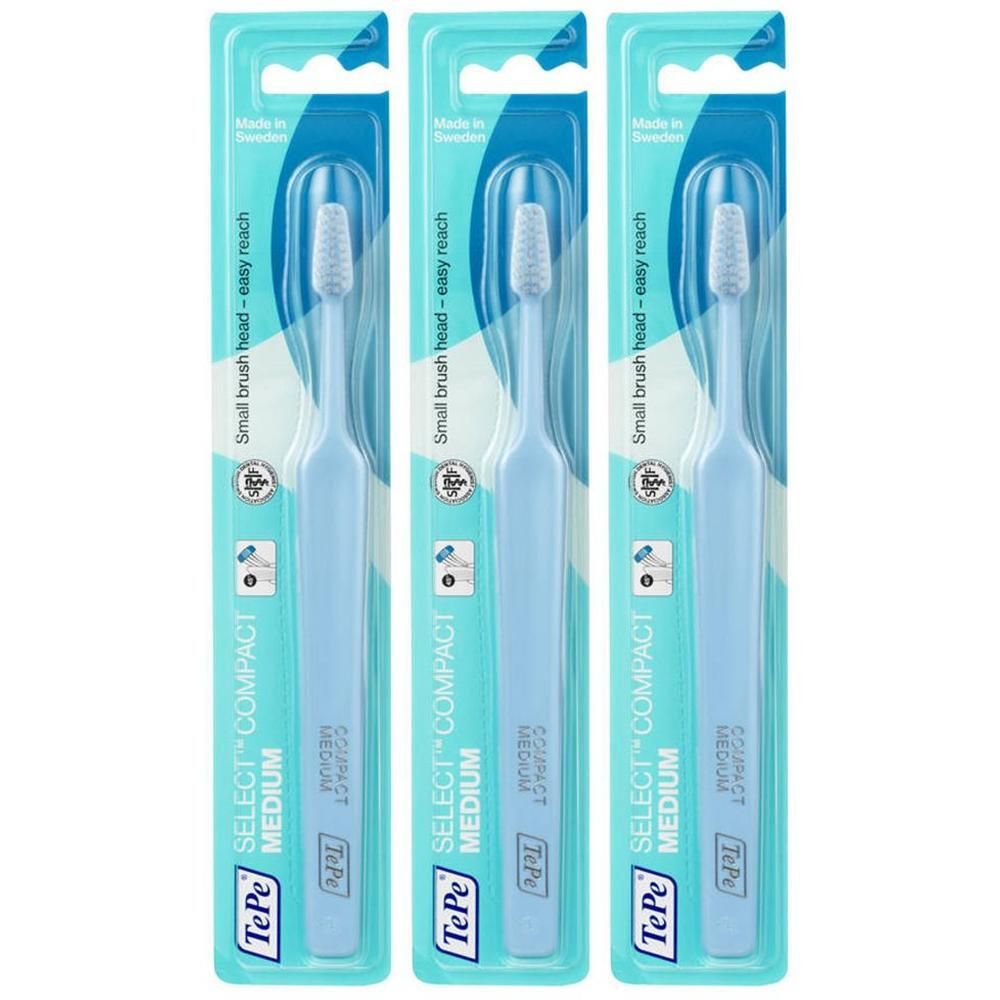 Pack de 3 brosses à dents TePe Select Compact Medium, bleu clair, tête de brosse compacte.