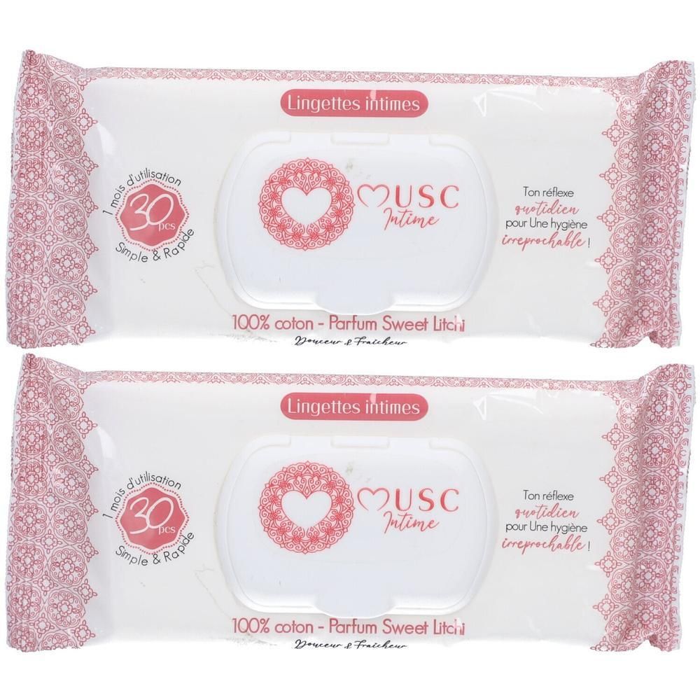Deux paquets de lingettes intimes 100% coton, parfum Litchi Doux.
