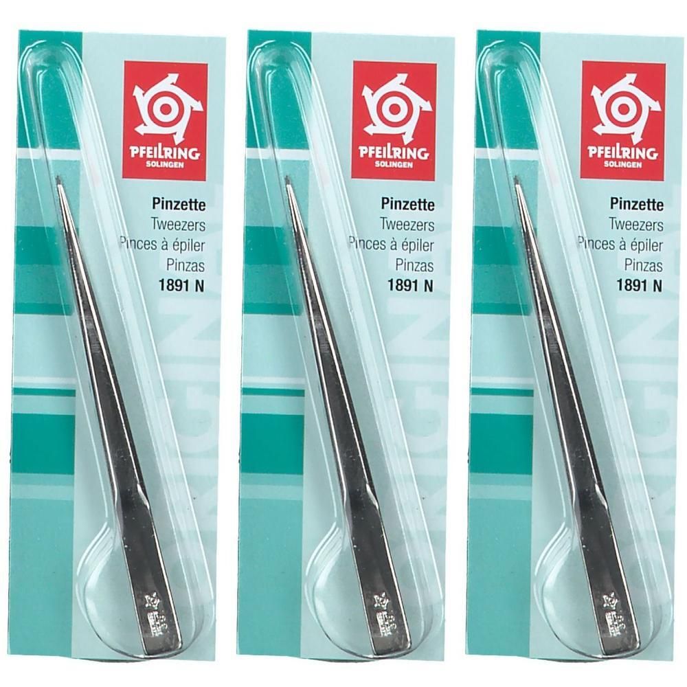 Trois paires de pinces à épiler pointues sous blister. Marque : Pfeilring.