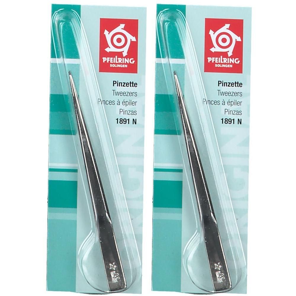 Deux paires de pinces à épiler pointues Pfeilring sous blister.