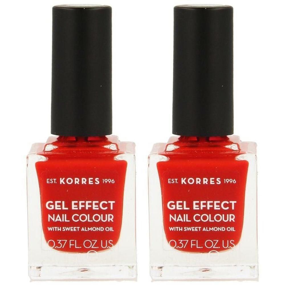 Deux flacons de vernis à ongles Korres Gel Effect Rouge Corail.