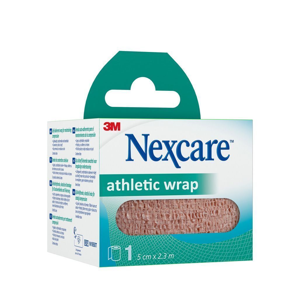Verpakking van 3M Nexcare Athletic Wrap, beige, 5 cm x 2,3 m. Zijaanzicht.