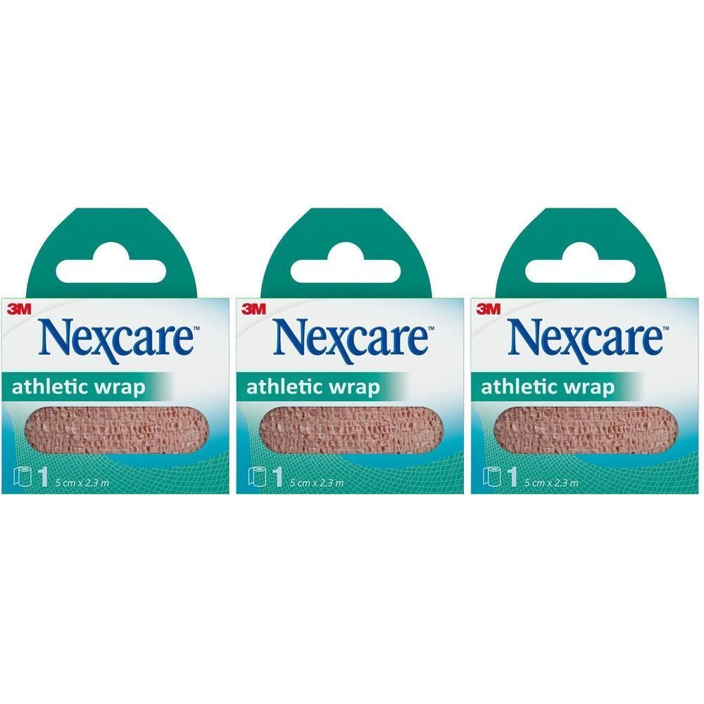 Trois paquets de Nexcare Athletic Wrap beige, chacun 5 cm x 2,3 m.