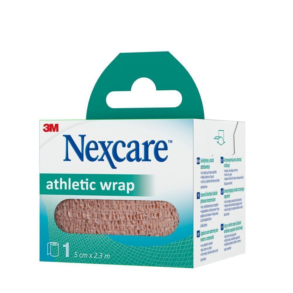 Un paquet de Nexcare Athletic Wrap beige, 5 cm x 2,3 m, vue latérale.