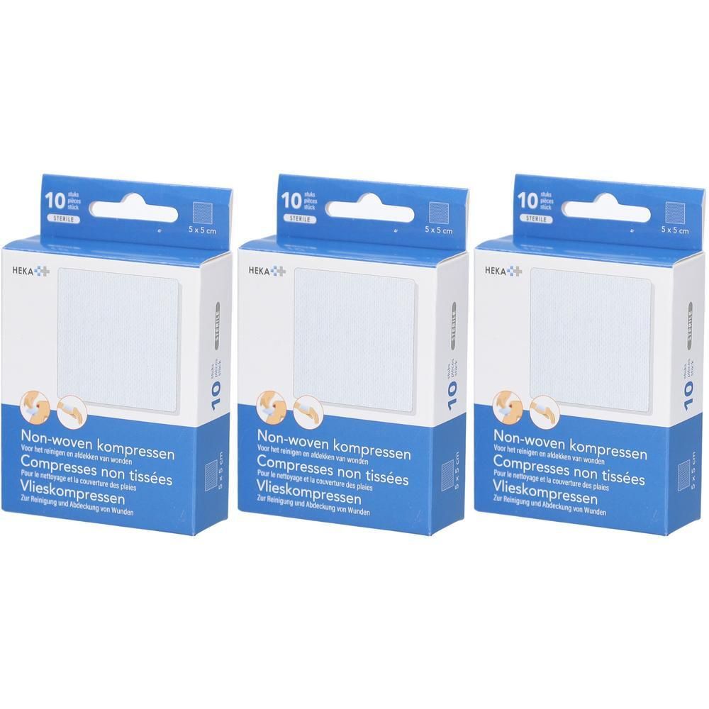 Drie pakken Heka Vlieskompressen 5x15cm, 10 stuks per pak.