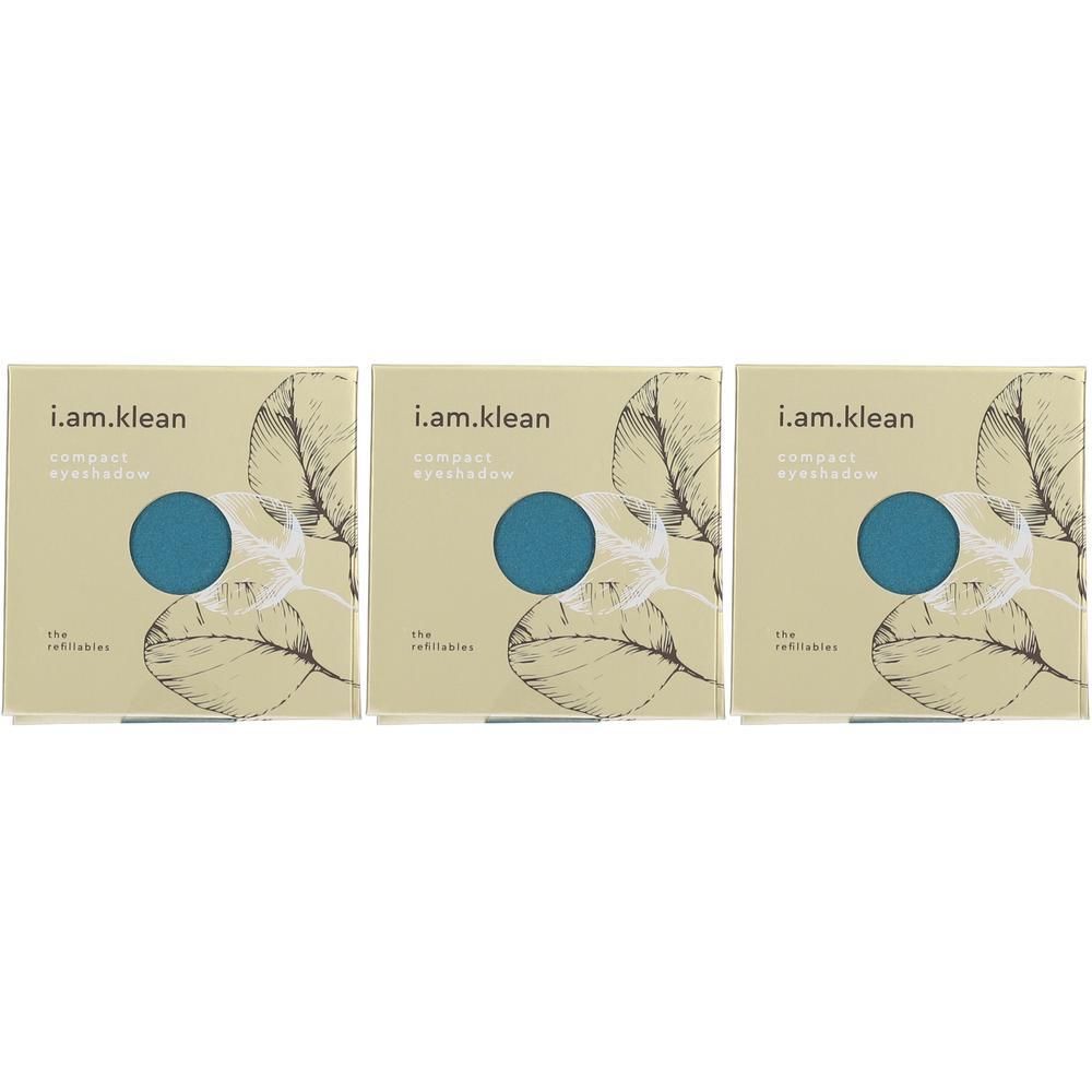 Drie i.am.klean Compact Mineral Eyeshadow verpakkingen in beige met bladerenpatroon en een blauw oogschaduwveld.