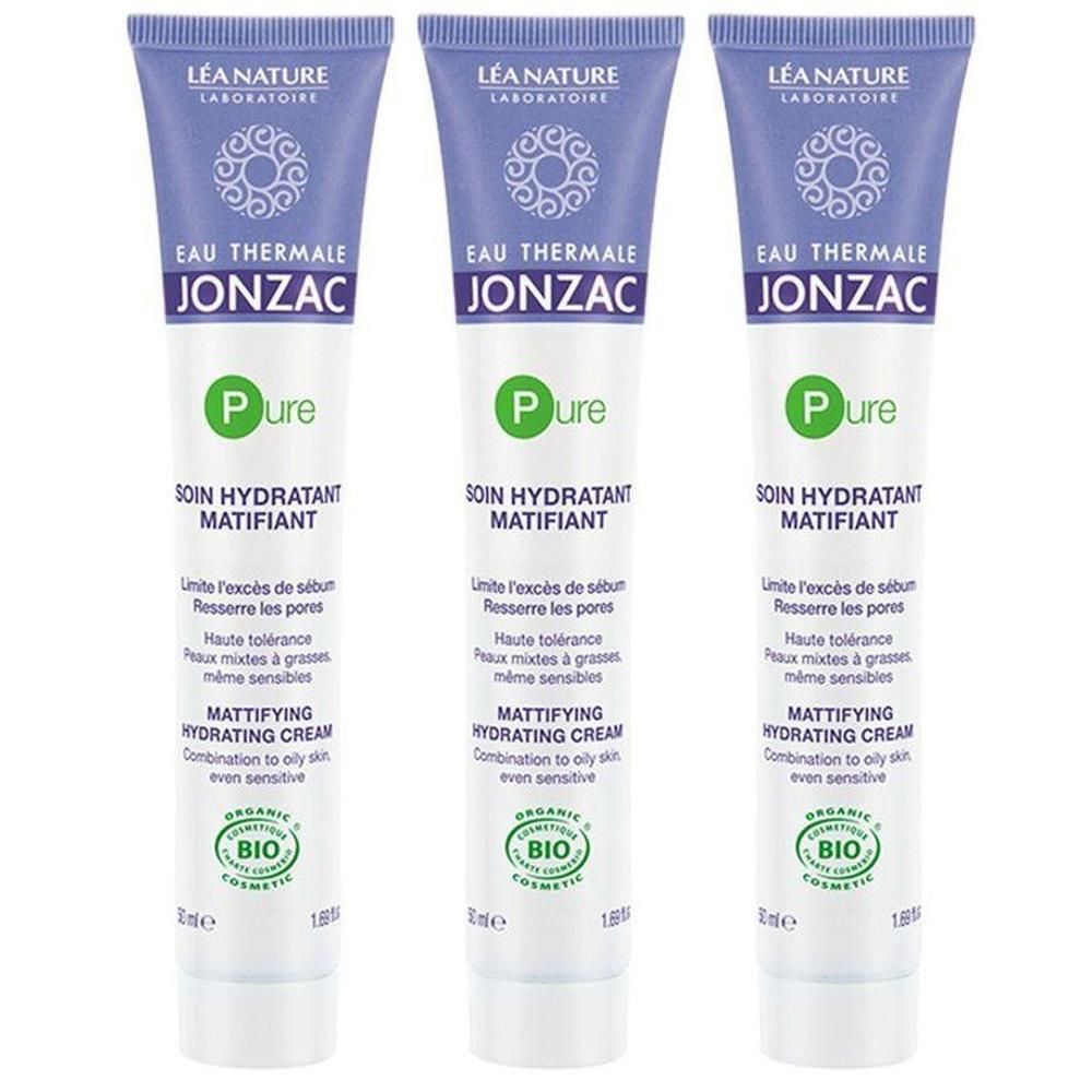 Trois tubes de crème hydratante matifiante Jonzac Pure, 50ml.