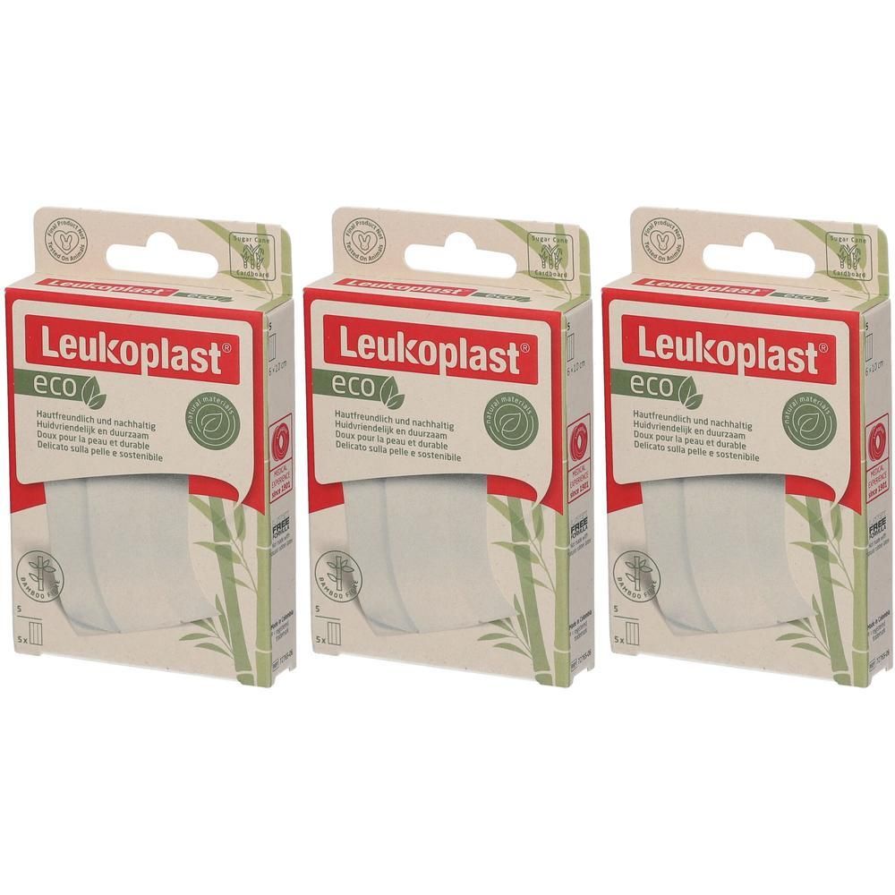 Drie pakken Leukoplast® Eco pleisters. Huidvriendelijk en ademend. Bamboe-motief.
