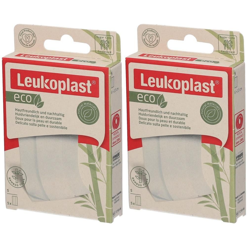Twee pakken Leukoplast® Eco pleisters met bamboe-print. Huidvriendelijk en duurzaam.