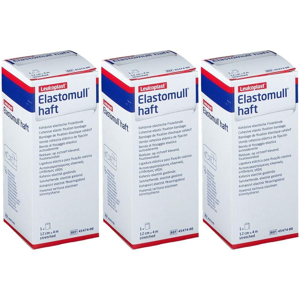 Trois paquets de bandes de fixation élastiques Leukoplast Elastomull Haft, 12cm x 4m.