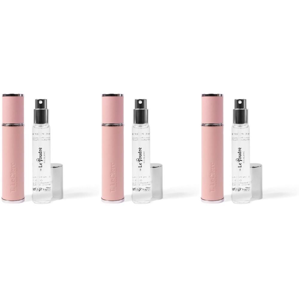 Drie T. LeClerc parfumverstuivers in het roze met zilveren dopjes.