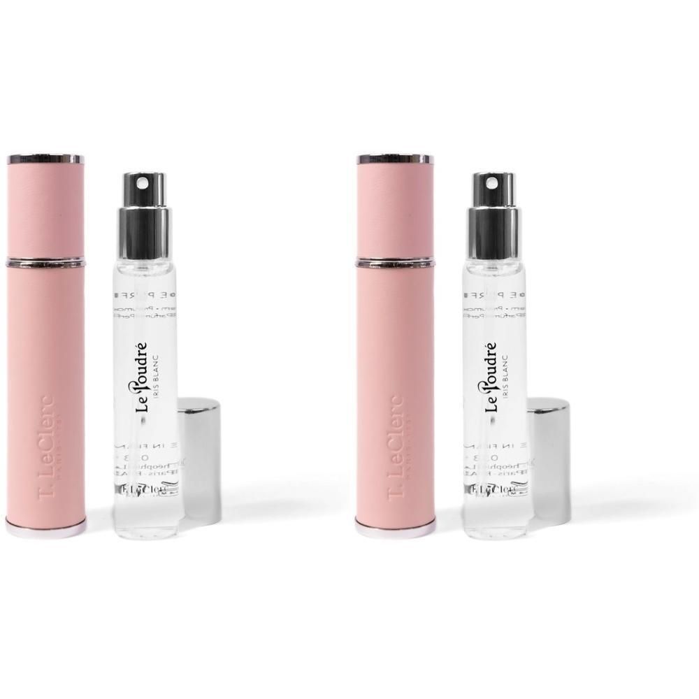 Deux vaporisateurs de parfum T. LeClerc roses avec accents argentés, à côté des flacons en verre.