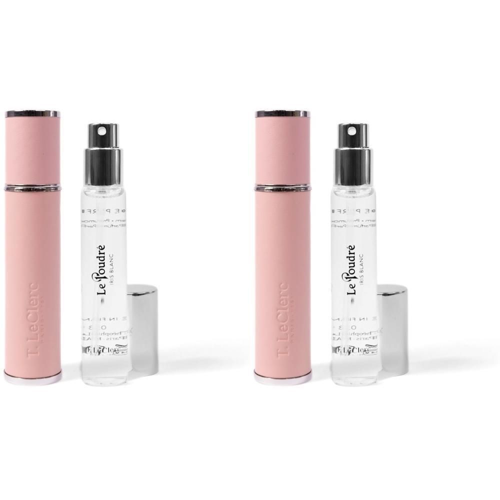 Twee roze T. LeClerc parfumverstuivers met zilveren accenten, naast de glazen flesjes.