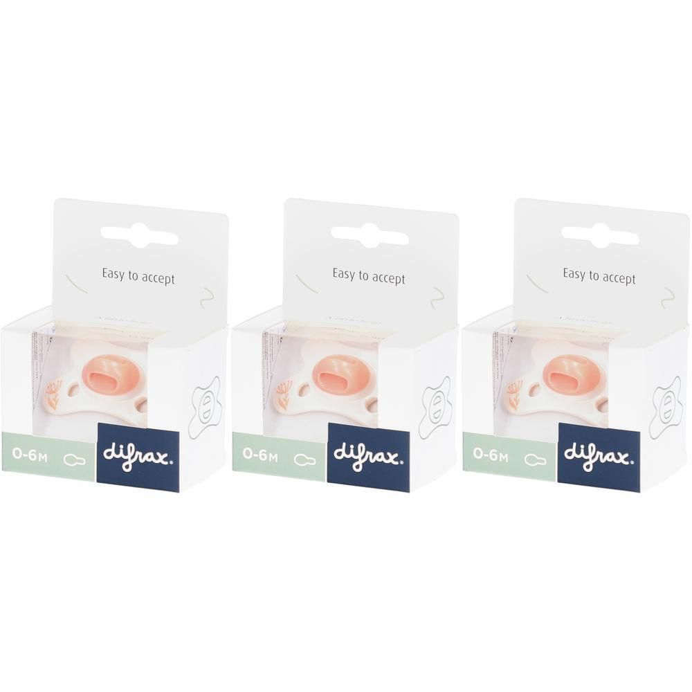 Drie Difrax fopspeentjes 0-6M in dusty pink, verpakt in individuele doosjes.