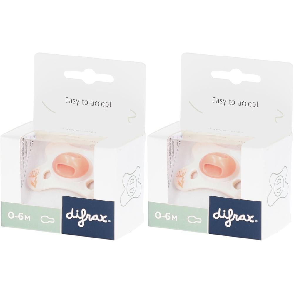 Twee Difrax fopspenen 0-6M in Dusty Pink hartvorm, verpakt.