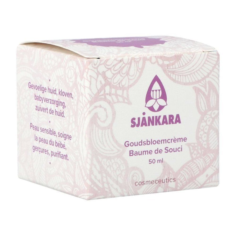 Een doosje Sjankara Goudsbloemcrème / Baume de Souci, 50 ml, met een gedetailleerde voorkant.