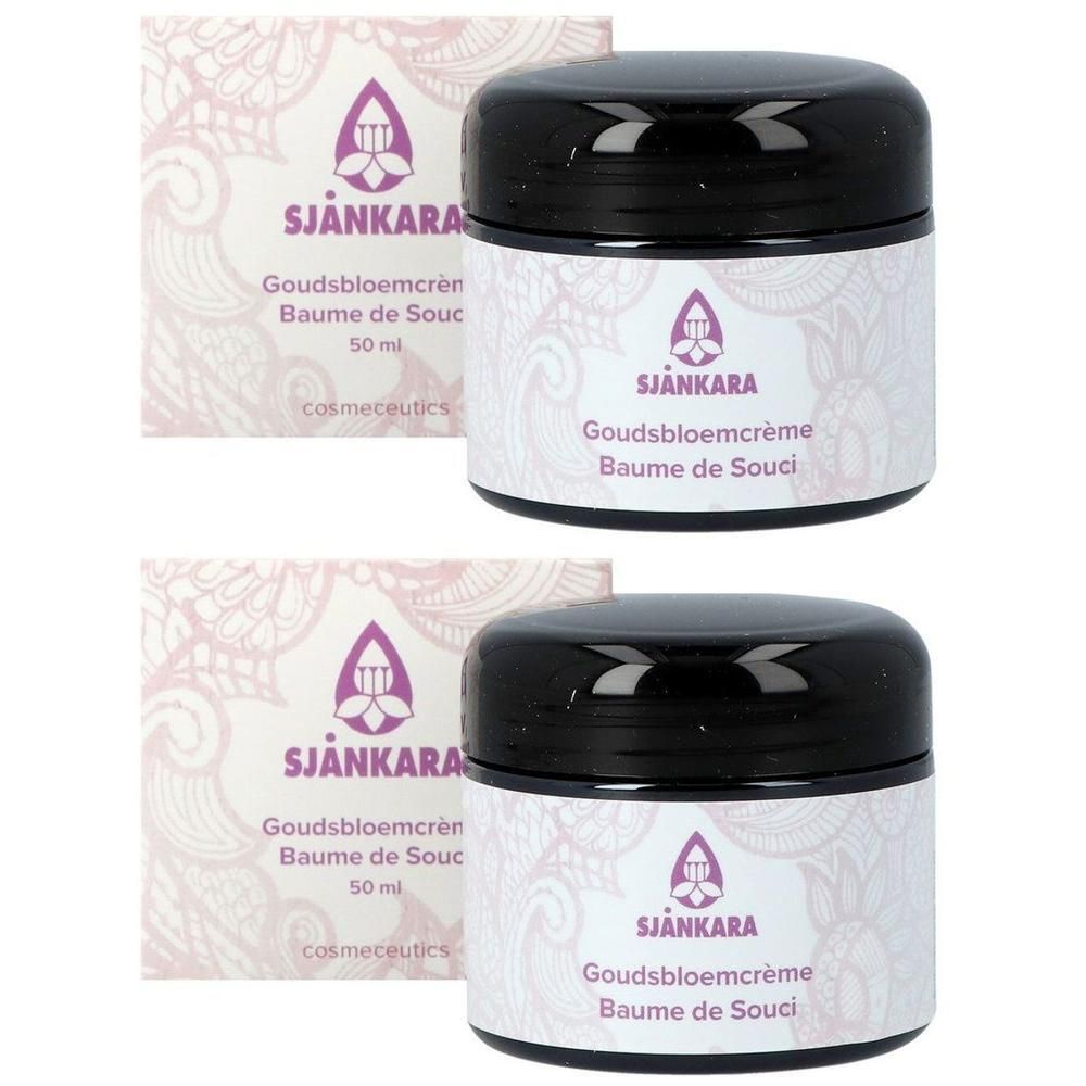 Twee SJÄNKARA Goudsbloemcrème potjes met zwarte deksels en verpakkingen. 50 ml.