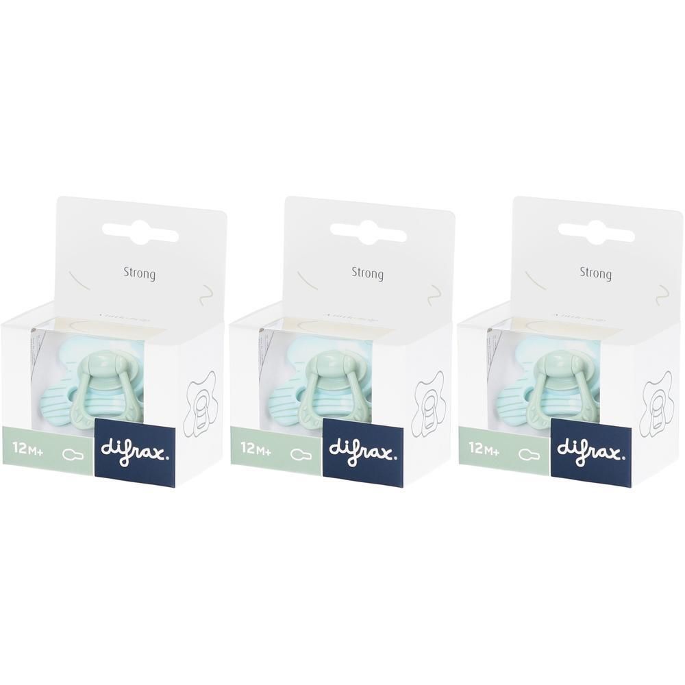 Drie Difrax fopspenen mintgroen, 12m+, in verpakking.