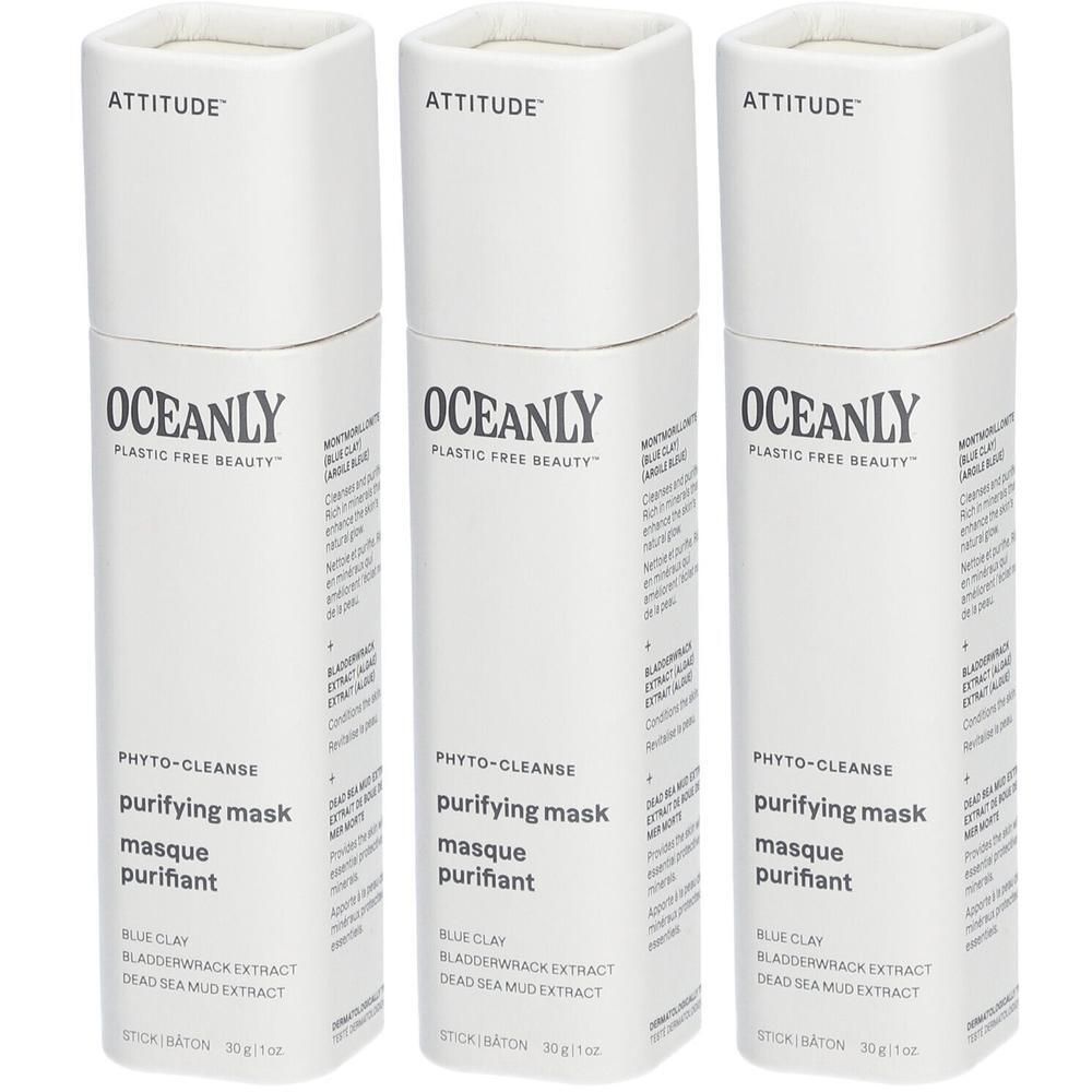 Drie witte potjes Attitude Oceanly Phyto-Cleanse zuiverend masker.